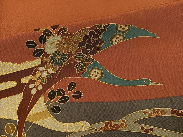 平和屋着物●訪問着　作家物　群れ鶴草花文　金彩　　正絹　逸品　AABK0206ph