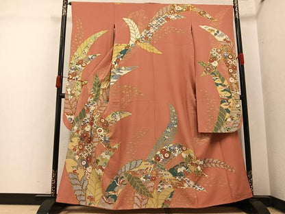 平和屋着物●豪華振袖　駒刺繍　草花文　金彩　正絹　逸品　AABK0207ph