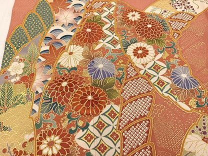 平和屋着物●豪華振袖　駒刺繍　草花文　金彩　正絹　逸品　AABK0207ph