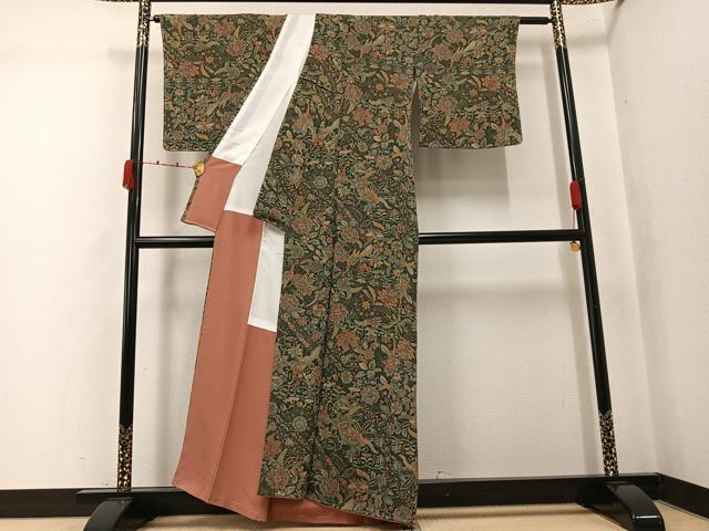 平和屋着物●上質な小紋　更紗花鳥文　金彩　鬼しぼ縮緬　正絹　逸品　未使用　AABK0225ph
