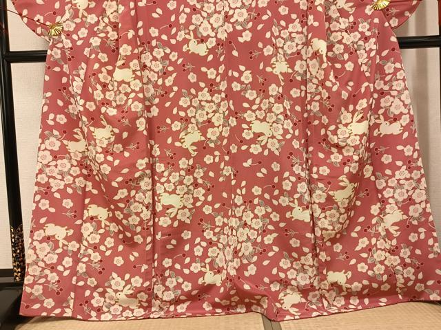 平和屋着物●小振袖　二尺袖　兎　桜　洗える着物　AABK0227ph