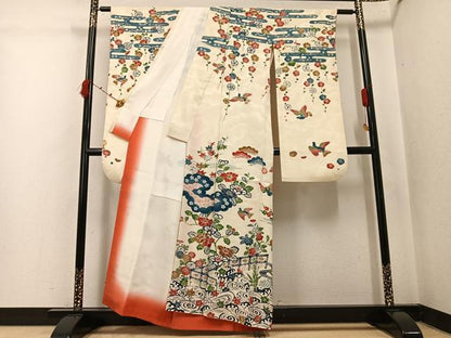 平和屋着物●豪華振袖　型染め　花鳥文　正絹　逸品　AABK0233ph