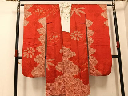 平和屋着物●アンティーク　大正ロマン　振袖用長襦袢　袷　絞り　草花文　半衿刺繍　正絹　逸品　AABK0240ph