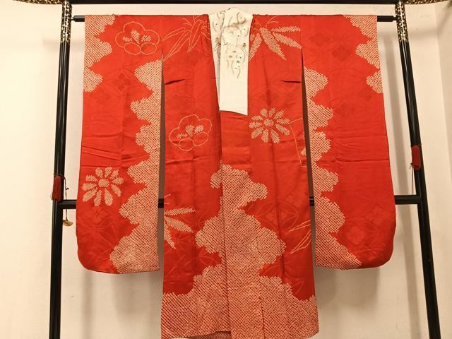 平和屋着物●アンティーク　大正ロマン　振袖用長襦袢　袷　絞り　草花文　半衿刺繍　正絹　逸品　AABK0240ph