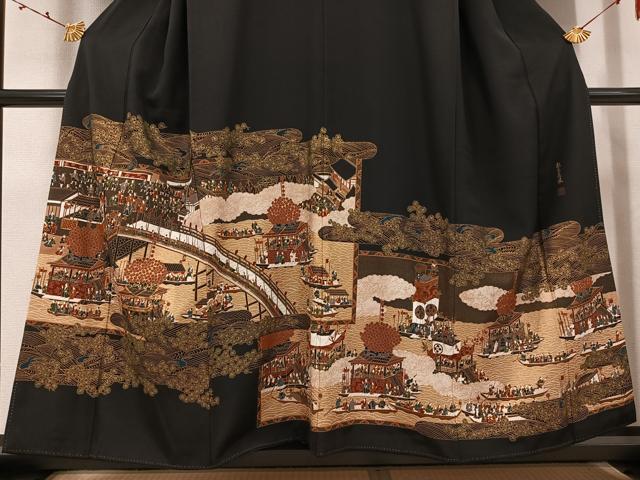 平和屋着物●松尾光琳　黒留袖　人物風景文　本金箔　保証書付き　正絹　逸品　AABK0241ph
