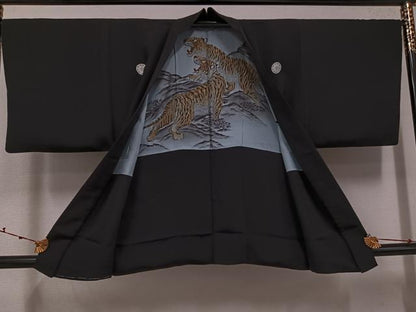 平和屋着物●男性　黒紋付・羽織セット　正絹　逸品　AABK0251ph