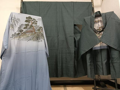 平和屋着物●男性　本場大島紬　アンサンブル　長襦袢(袷)セット　絣文様　正絹　逸品　未使用　AABK0252ph