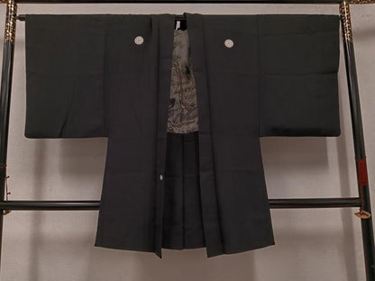 平和屋着物●男性　黒紋付・羽織セット　正絹　逸品　AABK0253ph