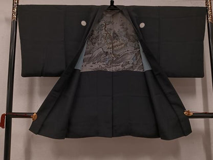 平和屋着物●男性　黒紋付・羽織セット　正絹　逸品　AABK0253ph