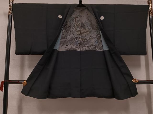 平和屋着物●男性　黒紋付・羽織セット　正絹　逸品　AABK0253ph