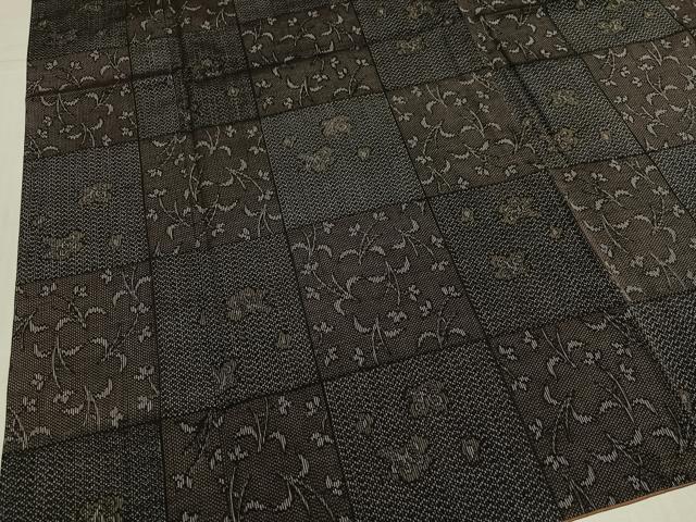平和屋着物●上質な紬　市松草花文　正絹　逸品　AABK0254ph