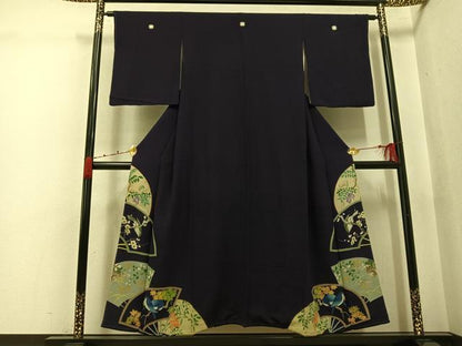 平和屋着物●アンティーク　大正ロマン　色留袖　刺繍　扇面花鳥文　両褄　正絹　逸品　AABK0262ph