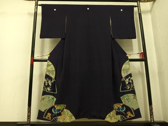 平和屋着物●アンティーク　大正ロマン　色留袖　刺繍　扇面花鳥文　両褄　正絹　逸品　AABK0262ph