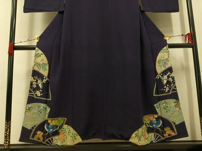 平和屋着物●アンティーク　大正ロマン　色留袖　刺繍　扇面花鳥文　両褄　正絹　逸品　AABK0262ph