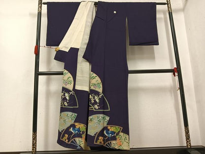 平和屋着物●アンティーク　大正ロマン　色留袖　刺繍　扇面花鳥文　両褄　正絹　逸品　AABK0262ph