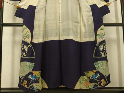 平和屋着物●アンティーク　大正ロマン　色留袖　刺繍　扇面花鳥文　両褄　正絹　逸品　AABK0262ph