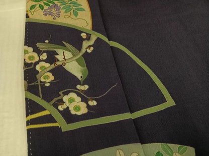 平和屋着物●アンティーク　大正ロマン　色留袖　刺繍　扇面花鳥文　両褄　正絹　逸品　AABK0262ph