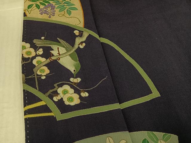平和屋着物●アンティーク　大正ロマン　色留袖　刺繍　扇面花鳥文　両褄　正絹　逸品　AABK0262ph