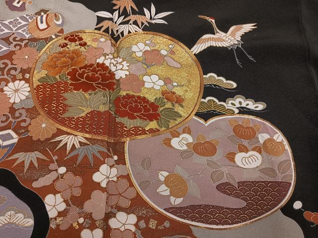 平和屋着物●豪華黒留袖　駒刺繍　群れ鶴草花宝尽くし　金彩　正絹　逸品　AABK0263ph