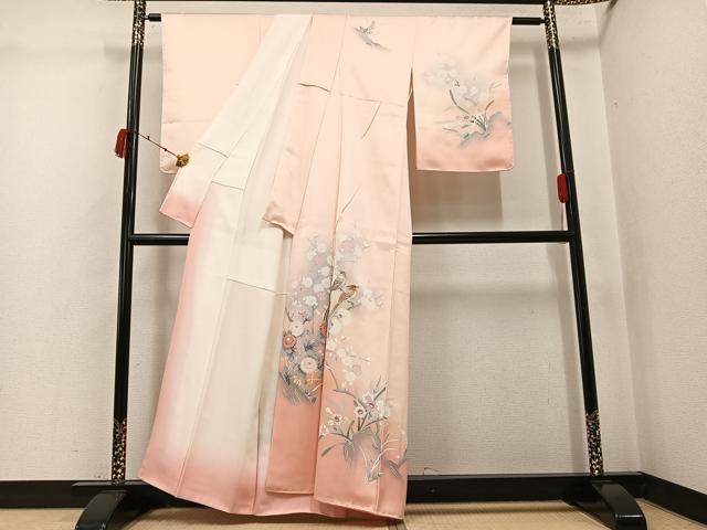 平和屋着物●訪問着　友禅　刺繍　花鳥文　暈し染め　正絹　逸品　未使用　AABK0274ph