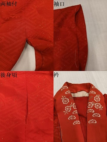 平和屋着物●アンティーク　大正ロマン　長襦袢　袷　地紙草花地紋　赤丹色　金彩　半衿刺繍　正絹　逸品　AABK0290ph