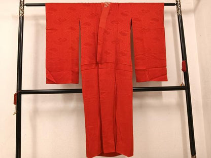 平和屋着物●アンティーク　大正ロマン　長襦袢　袷　地紙草花地紋　赤丹色　金彩　半衿刺繍　正絹　逸品　AABK0290ph