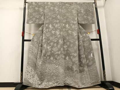 平和屋着物●訪問着　作家物　型染め　草木染　草花文　鬼しぼ縮緬　正絹　逸品　AABK0291ph