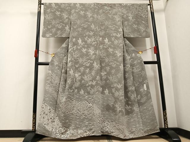 平和屋着物●訪問着　作家物　型染め　草木染　草花文　鬼しぼ縮緬　正絹　逸品　AABK0291ph