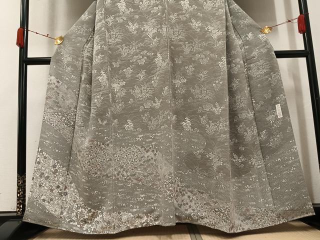 平和屋着物●訪問着　作家物　型染め　草木染　草花文　鬼しぼ縮緬　正絹　逸品　AABK0291ph