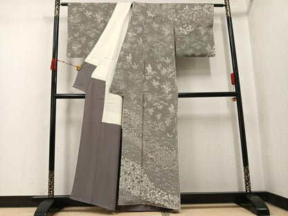 平和屋着物●訪問着　作家物　型染め　草木染　草花文　鬼しぼ縮緬　正絹　逸品　AABK0291ph