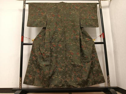 平和屋着物●上質な小紋　紬地　型染め　風景花車文　正絹　逸品　未使用　AABK0295ph