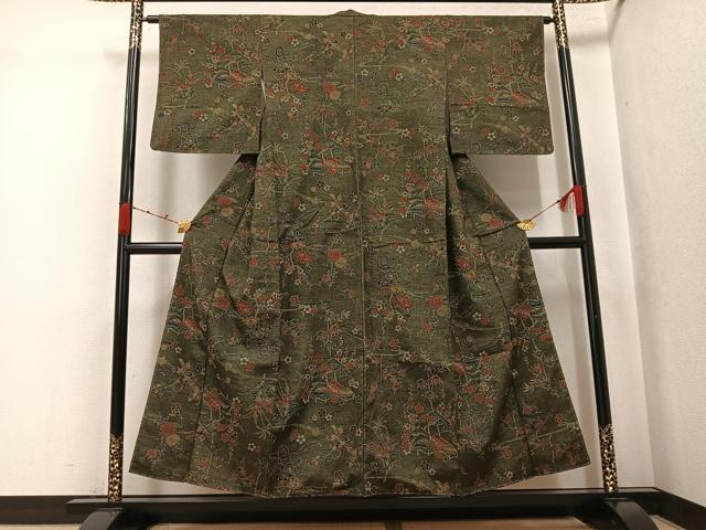 平和屋着物●上質な小紋　紬地　型染め　風景花車文　正絹　逸品　未使用　AABK0295ph