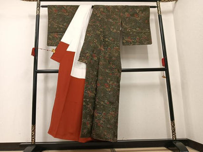 平和屋着物●上質な小紋　紬地　型染め　風景花車文　正絹　逸品　未使用　AABK0295ph