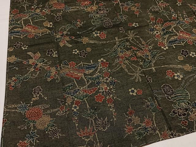 平和屋着物●上質な小紋　紬地　型染め　風景花車文　正絹　逸品　未使用　AABK0295ph