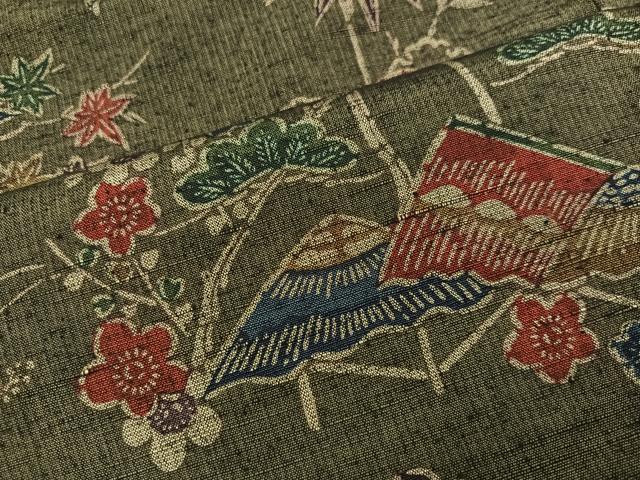 平和屋着物●上質な小紋　紬地　型染め　風景花車文　正絹　逸品　未使用　AABK0295ph