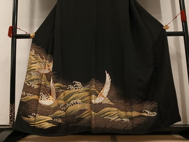平和屋着物●豪華黒留袖　駒刺繍　群鶴立波文　金彩　高島屋扱い　正絹　逸品　AABK0298ph