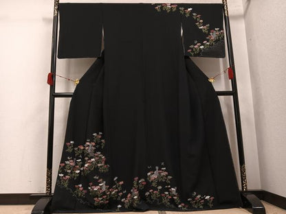 平和屋着物●訪問着　中国三大刺繍　汕頭刺繍　スワトウ刺繍　総刺繍　花蝶文　猫　黒地　金糸　正絹　逸品　AABK0303ph