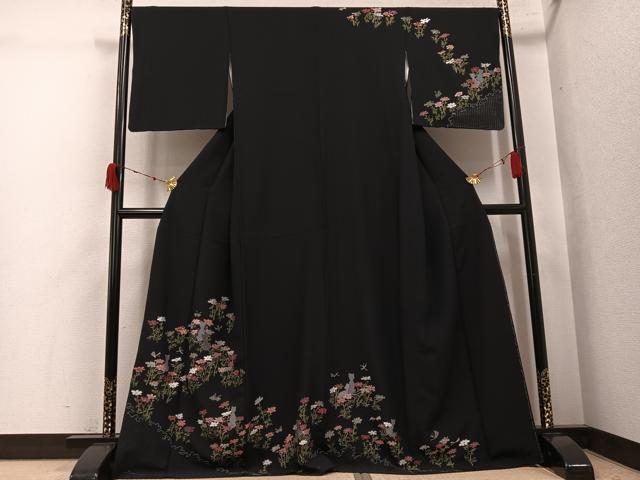 平和屋着物●訪問着　中国三大刺繍　汕頭刺繍　スワトウ刺繍　総刺繍　花蝶文　猫　黒地　金糸　正絹　逸品　AABK0303ph
