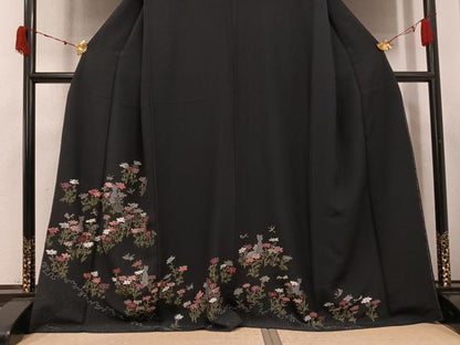 平和屋着物●訪問着　中国三大刺繍　汕頭刺繍　スワトウ刺繍　総刺繍　花蝶文　猫　黒地　金糸　正絹　逸品　AABK0303ph