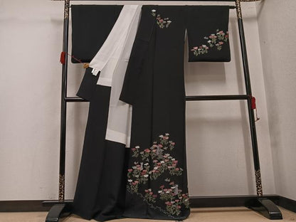 平和屋着物●訪問着　中国三大刺繍　汕頭刺繍　スワトウ刺繍　総刺繍　花蝶文　猫　黒地　金糸　正絹　逸品　AABK0303ph