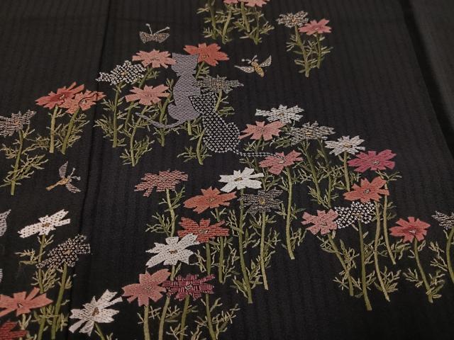 平和屋着物●訪問着　中国三大刺繍　汕頭刺繍　スワトウ刺繍　総刺繍　花蝶文　猫　黒地　金糸　正絹　逸品　AABK0303ph