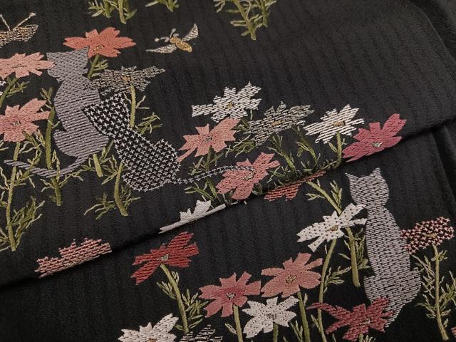 平和屋着物●訪問着　中国三大刺繍　汕頭刺繍　スワトウ刺繍　総刺繍　花蝶文　猫　黒地　金糸　正絹　逸品　AABK0303ph