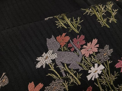 平和屋着物●訪問着　中国三大刺繍　汕頭刺繍　スワトウ刺繍　総刺繍　花蝶文　猫　黒地　金糸　正絹　逸品　AABK0303ph