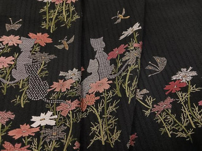 平和屋着物●訪問着　中国三大刺繍　汕頭刺繍　スワトウ刺繍　総刺繍　花蝶文　猫　黒地　金糸　正絹　逸品　AABK0303ph