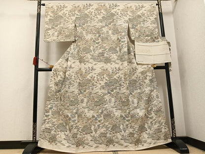 平和屋着物●訪問着 中国三大刺繍 汕頭刺繍 スワトウ刺繍 総刺繍 風景草花文 金糸 丹後ちりめん 反端付き 正絹 逸品 未使用 AABK0306ph