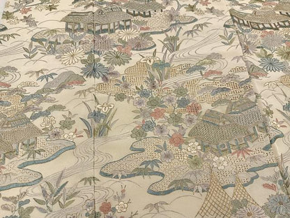 平和屋着物●訪問着 中国三大刺繍 汕頭刺繍 スワトウ刺繍 総刺繍 風景草花文 金糸 丹後ちりめん 反端付き 正絹 逸品 未使用 AABK0306ph