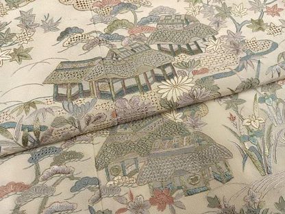 平和屋着物●訪問着 中国三大刺繍 汕頭刺繍 スワトウ刺繍 総刺繍 風景草花文 金糸 丹後ちりめん 反端付き 正絹 逸品 未使用 AABK0306ph