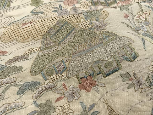 平和屋着物●訪問着 中国三大刺繍 汕頭刺繍 スワトウ刺繍 総刺繍 風景草花文 金糸 丹後ちりめん 反端付き 正絹 逸品 未使用 AABK0306ph