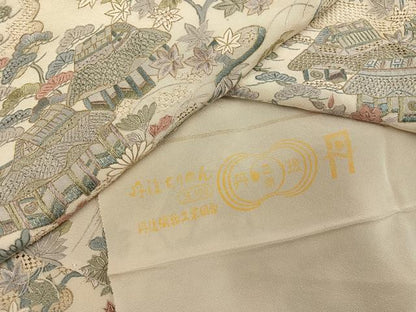 平和屋着物●訪問着 中国三大刺繍 汕頭刺繍 スワトウ刺繍 総刺繍 風景草花文 金糸 丹後ちりめん 反端付き 正絹 逸品 未使用 AABK0306ph