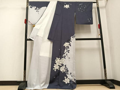 平和屋着物●華道家　假屋崎省吾プロデュース　きものの世界　訪問着　枝花シルエット　金銀彩　ロング丈　正絹　逸品　AABK0307ph